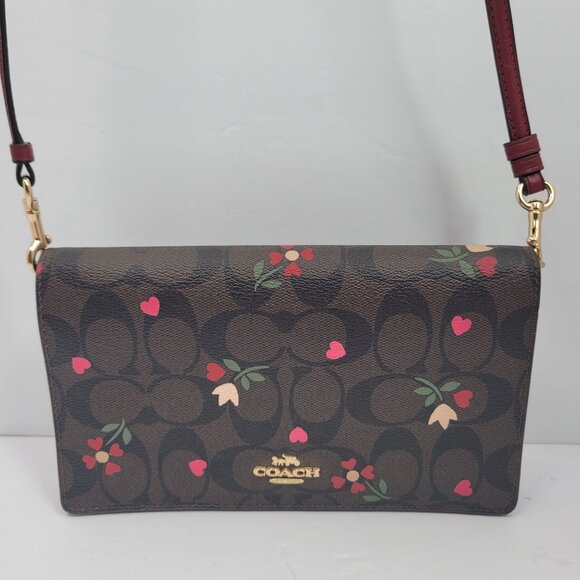 Coach Anna Foldover Clutch in Signature Canvas with Heart Petal Crossbody Bag - Picture 1 of 10
